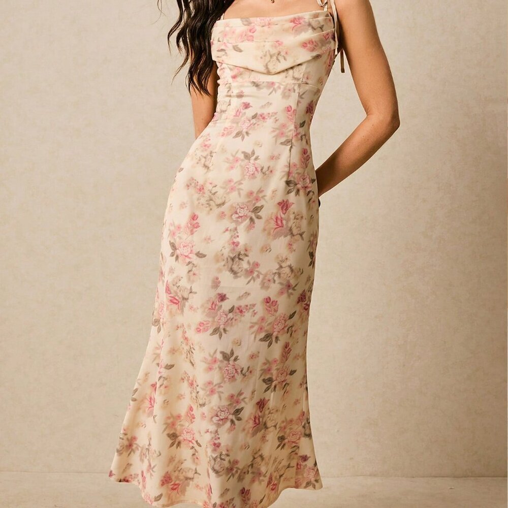 Apricot Elegant Women's Floral Print Maxi Slip Dress
